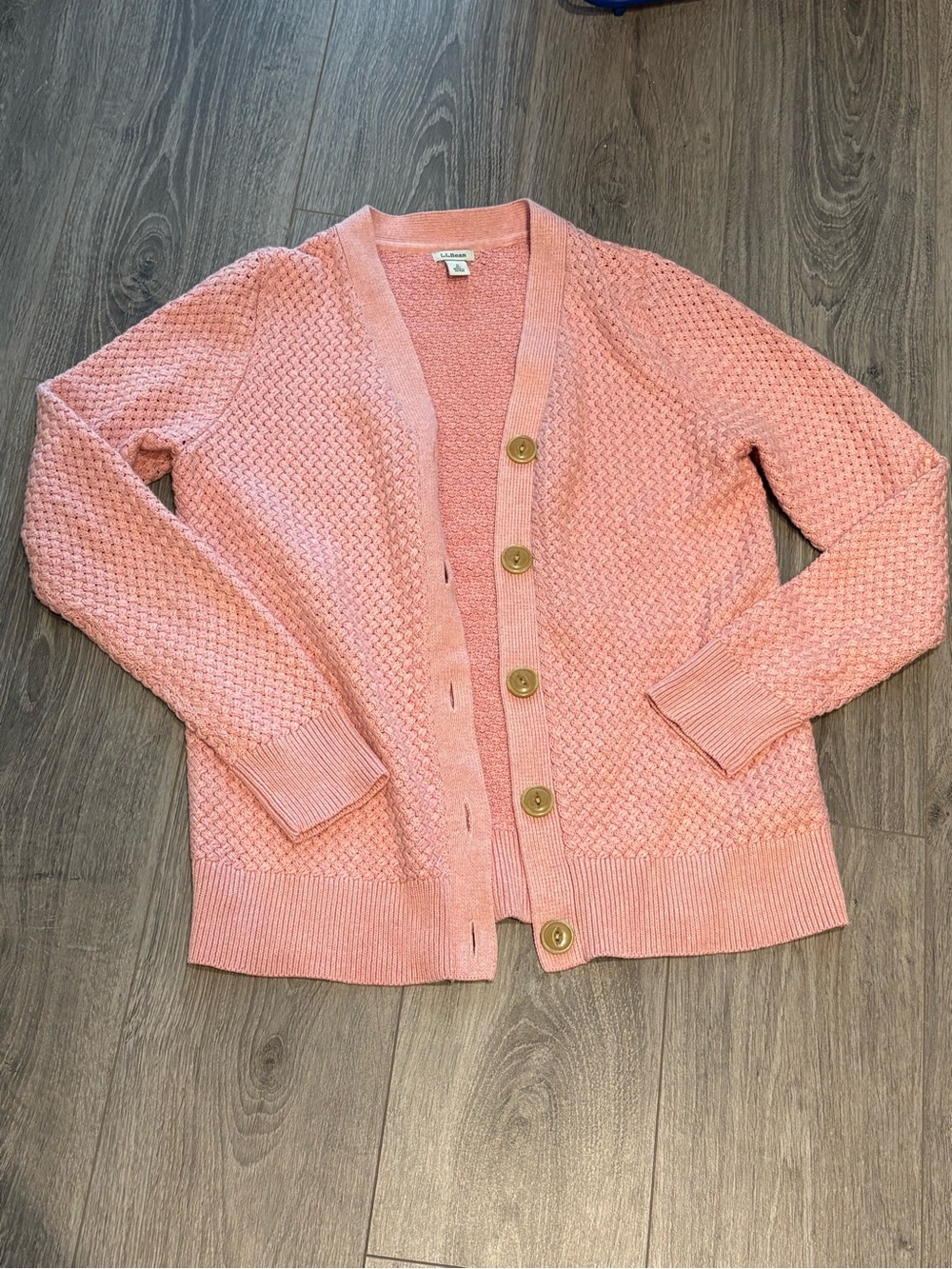 L.L. Bean 100 % cotton Pink Button-Up Textured Knit Cardigan